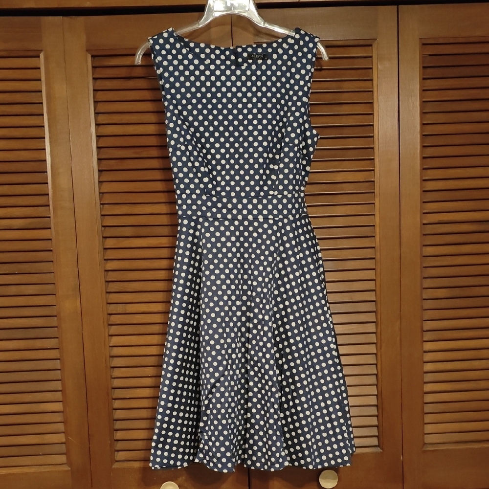 Acevog Navy and White Polka Dot Midi Dress